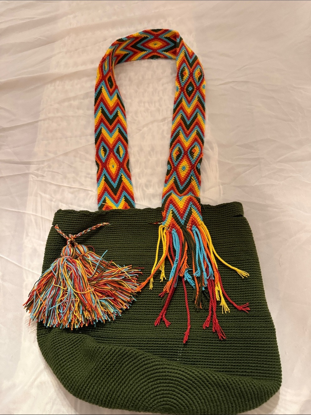 Source Unknown Olive Crochet Shoulder Bag with Multicolor Woven Strap